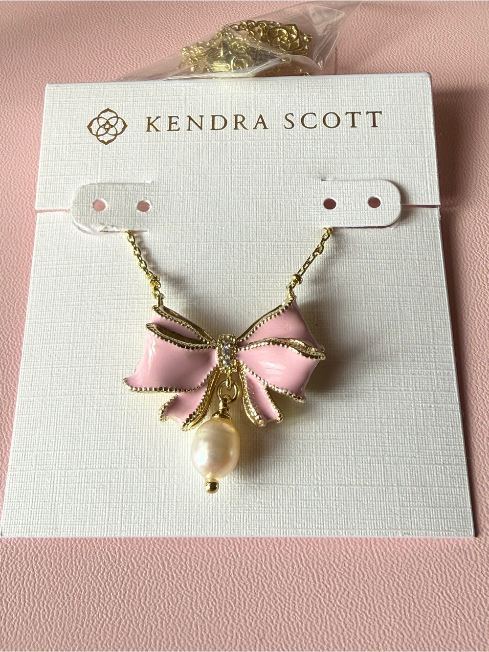 Kendra Scott Pink Enamel Bow Necklace with Pearl Drop 16”